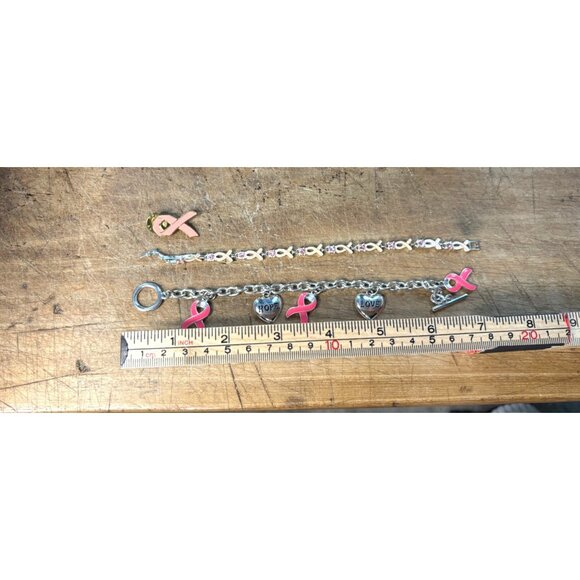 Breast Cancer Awareness Pink Ribbon Jewelry Set W/ Bracelet & Pin Silver & Pink - Picture 5 of 10